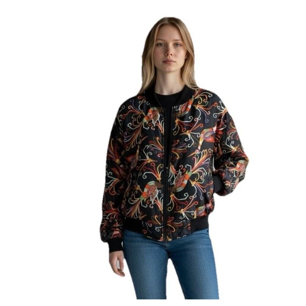 Vtg 90's Carol Horn Workshop Silk Bomber Jacket Peacocks Pockets Large Colorful